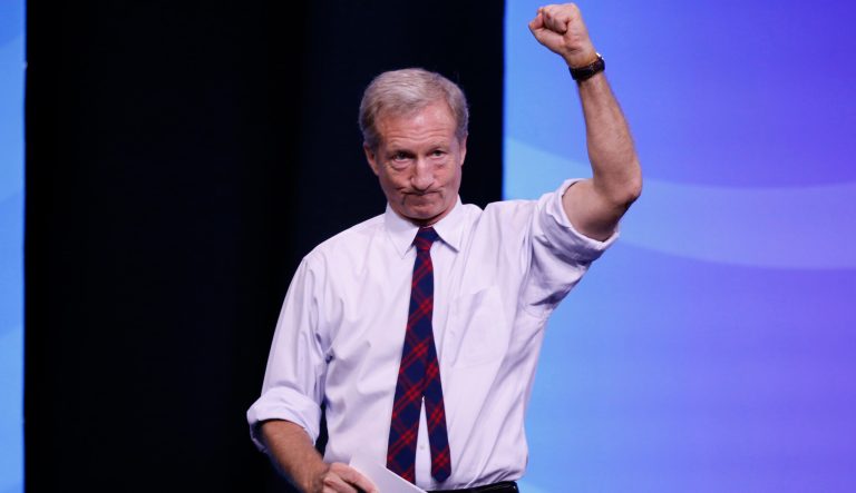 Businessman Tom Steyer acknowledges the crowd during the New Hampshire state Democratic Party convention, Saturday, Sept. 7, 2019, in Manchester, NH. 