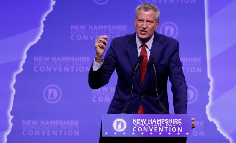 Democratic presidential candidate New York Mayor Bill de Blasio speaks during the New Hampshire state Democratic Party convention, Saturday, Sept. 7, 2019, in Manchester, NH. 