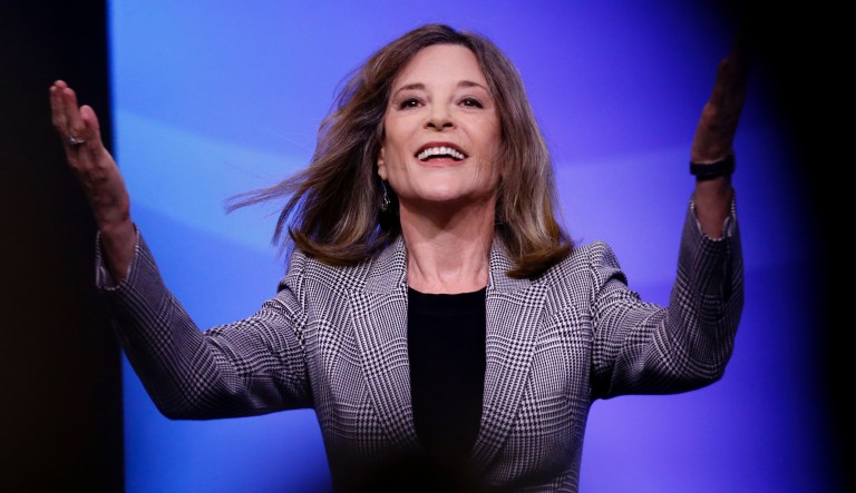 Democratic presidential candidate author Marianne Williamson acknowledges applause after speaking at the New Hampshire state Democratic Party convention, Saturday, Sept. 7, 2019, in Manchester, NH.