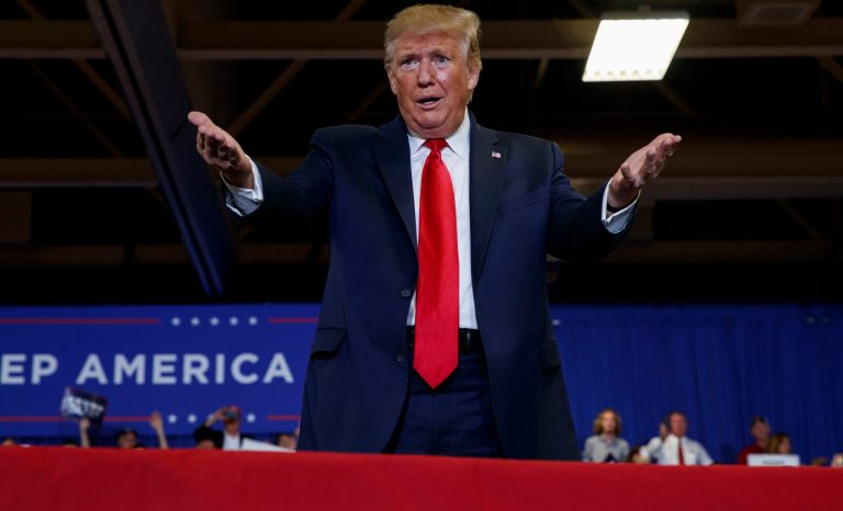 President Donald Trump arrives on stage at the Crown Expo for a campaign rally, Monday, Sept. 9, 2019, in Fayetteville, N.C. 