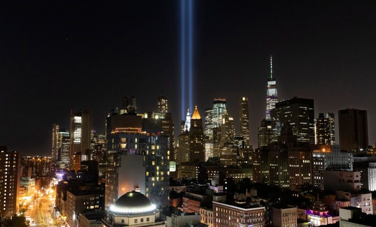 The Tribute in Light rises above the lower Manhattan skyline, Tuesday, Sept. 10, 2019 in New York. Wednesday marks the 18th anniversary of the terror attacks against the United States of Sept. 11, 2001. 