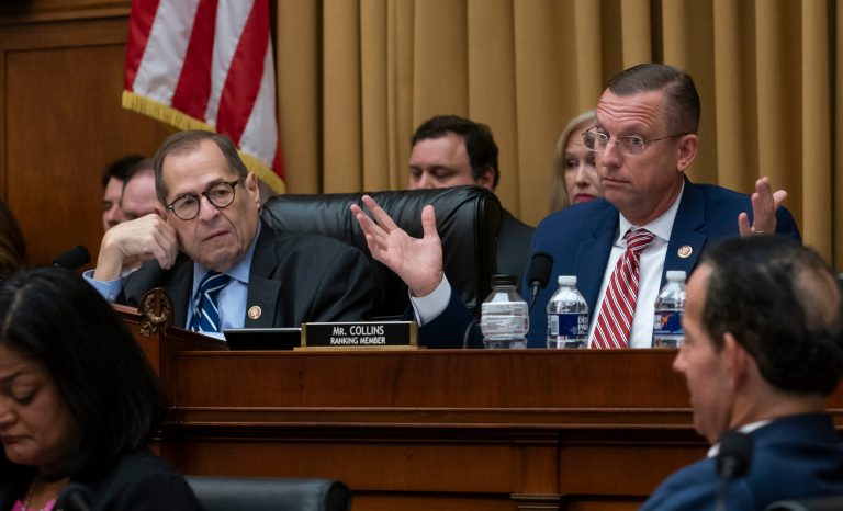 House Judiciary Committee Chairman Jerrold Nadler, D-N.Y., left, listens to Rep. Doug Collins, R-Georgia, right, the ranking member, on Capitol Hill in Washington, Thursday, Sept. 12, 2019. 