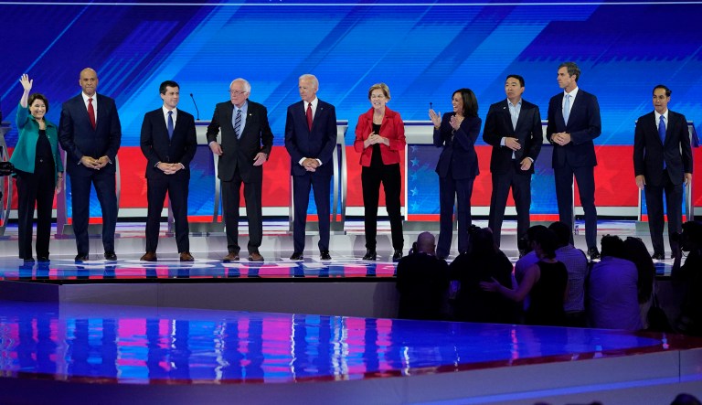 Participants in a Democratic presidential debate are seen.
