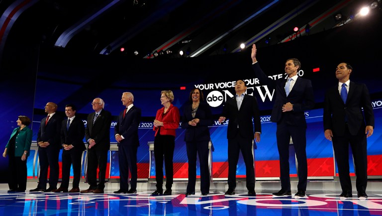 From left, Democratic presidential candidates Sen. Amy Klobuchar, D-Minn., Sen. Cory Booker, D-N.J., South Bend Mayor Pete Buttigieg, Sen. Bernie Sanders, I-Vt., former Vice President Joe Biden, Sen. Elizabeth Warren, D-Mass., Sen. Kamala Harris, D-Calif., entrepreneur Andrew Yang, former Texas Rep. Beto O'Rourke and former Housing Secretary Julian Castro are introduced for the Democratic presidential primary debate hosted by ABC on the campus of Texas Southern University Thursday, Sept. 12, 2019, in Houston.