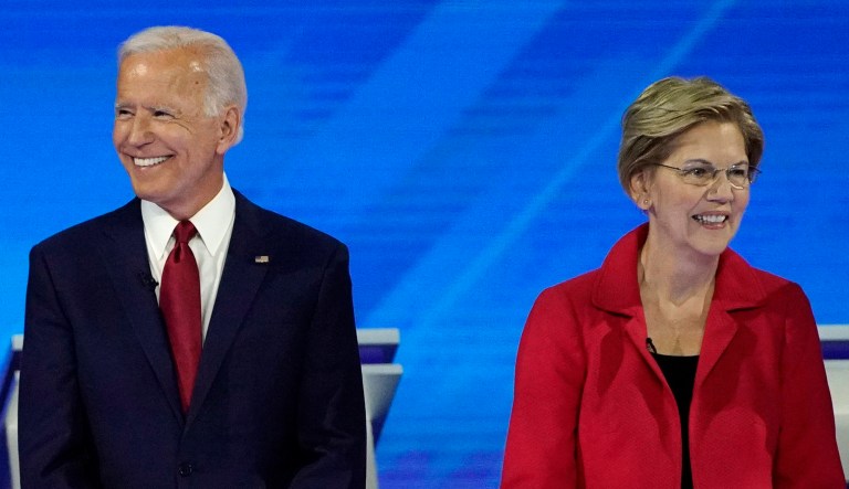 Joe Biden and Elizabeth Warren are seen.