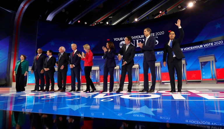 Democratic presidential candidates are introduced for the Democratic presidential primary debate hosted by ABC on the campus of Texas Southern University Thursday in Houston.