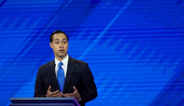 Democratic presidential candidate former Housing Secretary Julian Castro gives his closing statement Thursday, Sept. 12, 2019, during a Democratic presidential primary debate hosted by ABC at Texas Southern University in Houston.