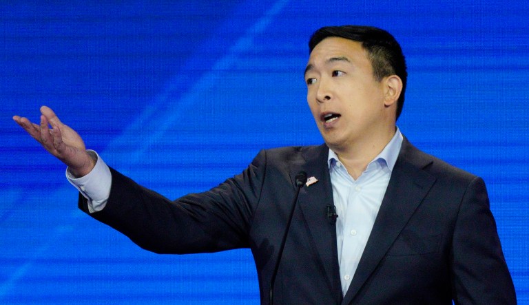 Democratic presidential candidate entrepreneur Andrew Yang is seen.