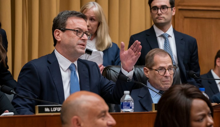 House Judiciary Committee majority counsel Barry Berke questions Corey Lewandowski, former campaign manager for President Trump Tuesday on Capitol Hill in Washington. House Judiciary Committee Chairman Jerrold Nadler, D-N.Y., listens at right. 