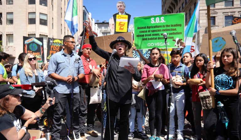 Actress and activist Jane Fonda talks to a crowd of protestors during a global climate rally at Pershing Square in downtown Los Angeles on Friday, Sept. 20, 2019.