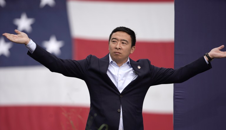 Democratic presidential candidate Andrew Yang speaks at the Polk County Democrats Steak Fry, in Des Moines, Iowa, Saturday, Sept. 21, 2019.