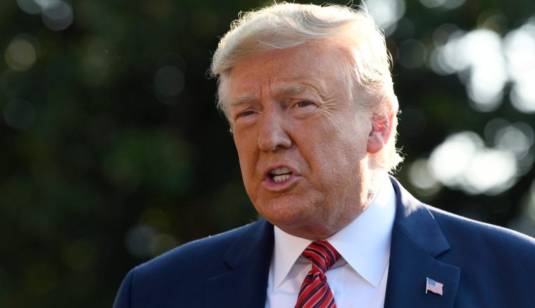 President Trump talks with reporters on the South Lawn of the White House in Washington, Sunday, Sept. 22, 2019, as he prepares to board Marine One for the short trip to Andrews Air Force Base. 