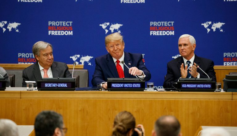 United Nations Secretary General Antonio Guterres, left, and Vice President Mike Pence, right, listen as President Donald Trump speaks at an event on religious freedom during the United Nations General Assembly, Monday, Sept. 23, 2019, in New York. 