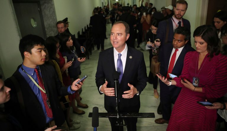 Chairman Rep. Adam Schiff, D-Calif., talks to the media after Acting Director of National Intelligence Joseph Maguire testified before the House Intelligence Committee on Capitol Hill in Washington, Thursday, Sept. 26, 2019. 