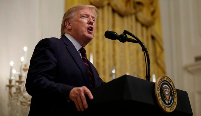 President Donald Trump speaks at the Hispanic Heritage Month Reception in the East Room of the White House in Washington, Friday, Sept. 27, 2019. 