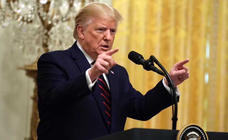President Donald Trump in full flow during a press conference with President Sauli Niinisto of Finland 