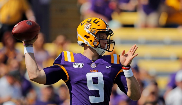 LSU quarterback Joe Burrow (9) throws a pass in the first half of an NCAA college football game against Utah State in Baton Rouge, La., Saturday, Oct. 5, 2019.