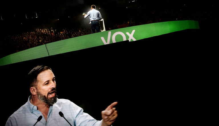 Leader of far-right party Vox Santiago Abascal gives a speech during a party event in Madrid on Oct. 6, 2019.
