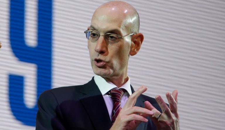 NBA Commissioner Adam Silver speaks during a welcome reception for the NBA Japan Games 2019 between the Toronto Raptors and the Houston Rockets in Tokyo, Japan, Monday, Oct. 7, 2019. 