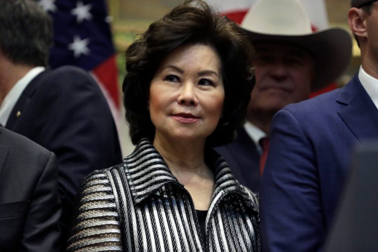 Transportation Secretary Elaine Chao arrives before President Donald Trump speaks before signing a trade agreement with Japan in the Roosevelt Room of the White House, Monday, Oct. 7, 2019.