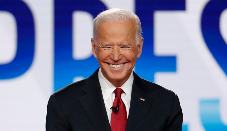 Democratic presidential candidate former Vice President Joe Biden participates in a Democratic presidential primary debate hosted by CNN/New York Times at Otterbein University, Tuesday, Oct. 15, 2019, in Westerville, Ohio.