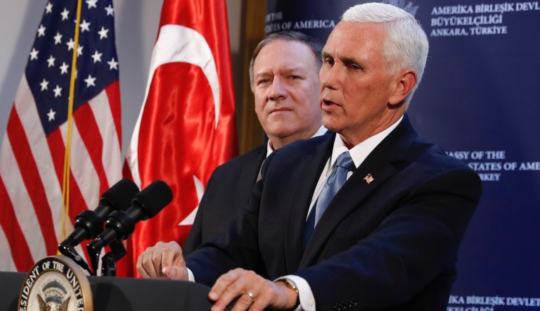 Vice President Mike Pence and Secretary of State Mike Pompeo hold a news conference at the Ambassador's residence after meeting with Turkish President Recep Tayyip Erdogan at the Presidential Palace, Thursday, Oct. 17, 2019, in Ankara, Turkey.