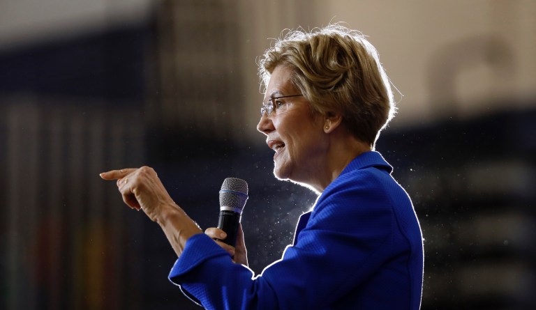 Democratic presidential candidate Sen. Elizabeth Warren, D-Mass., speaks to students and staff at Roosevelt High School, Monday, Oct. 21, 2019, in Des Moines, Iowa.
