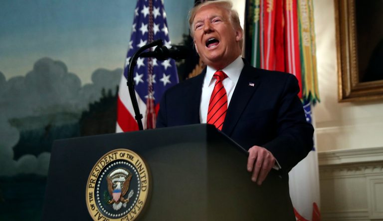 President Donald Trump speaks in the Diplomatic Room of the White House in Washington, Sunday, Oct. 27, 2019. 