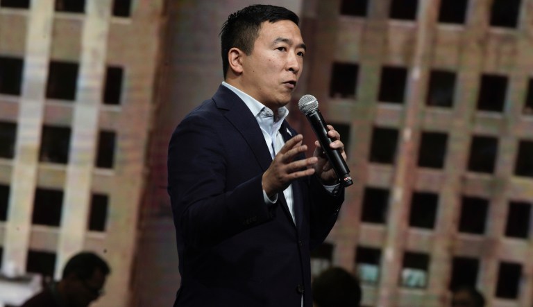 Democratic presidential candidate entrepreneur Andrew Yang speaks during the Iowa Democratic Party's Liberty and Justice Celebration, Friday, Nov. 1, 2019, in Des Moines, Iowa. 
