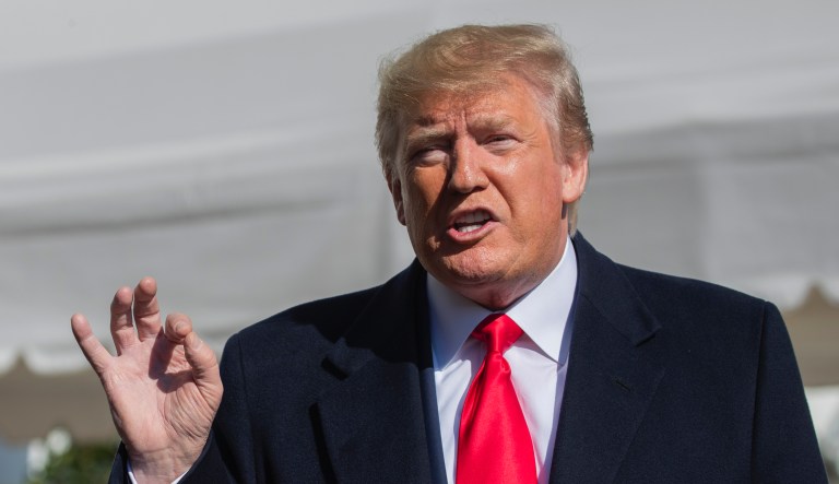 President Donald Trump speaks to reporters upon arrival at the White House in Washington, Sunday, Nov. 3, 2019. 