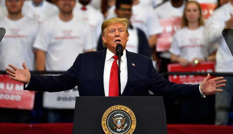 President Donald Trump addressees supporters during a campaign rally in Lexington, Ky., Monday, Nov. 4, 2019. 