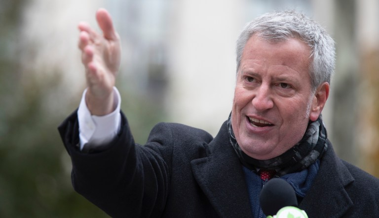 New York City Mayor Bill de Blasio speaks during a ceremony to unveil a statue of Sun Yat-sen in Columbus Park in the Chinatown neighborhood of New York, Tuesday, Nov. 12, 2019. 