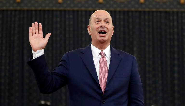 U.S. Ambassador to the European Union Gordon Sondland is sworn in to testify before the House Intelligence Committee on Capitol Hill in Washington, Wednesday, Nov. 20, 2019.