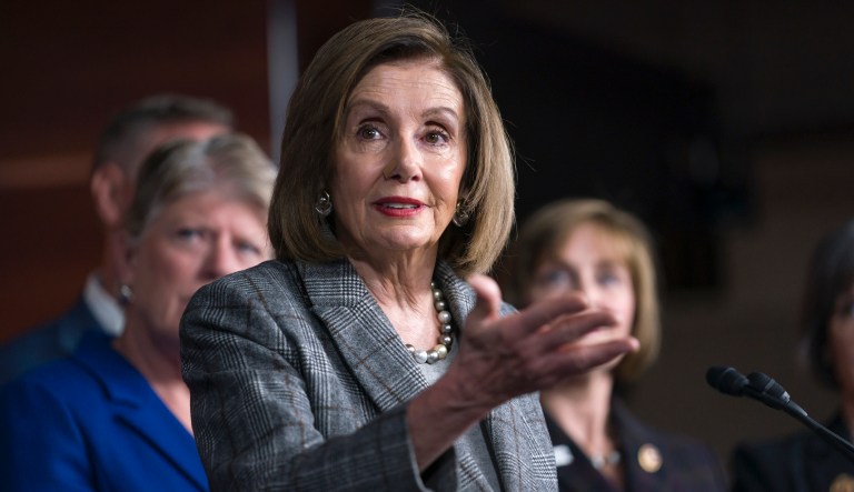 Speaker of the House Nancy Pelosi, D-Calif., discusses her recent visit to the UN Climate Change Conference in Madrid, Spain, during a news conference with the congressional delegation to that summit, at the Capitol in Washington, Friday, Dec. 6, 2019.