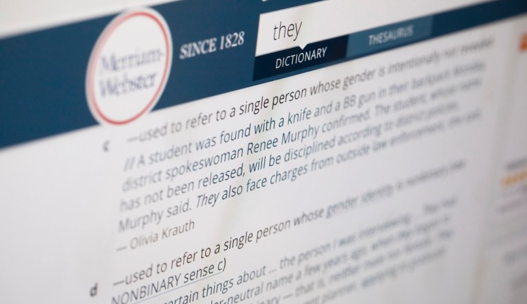 The word "they" is displayed on a computer screen on Friday, Dec. 6, 2019, in New York. The language mavens at Merriam-Webster have declared the personal pronoun their word of the year based on a 313 percent increase in look-ups on the company's search site, Merriam-Webster.com, this year when compared with 2018. Merriam-Webster recently added a new definition to its online dictionary to reflect use of âtheyâ as relating to a person whose gender identity is nonbinary.