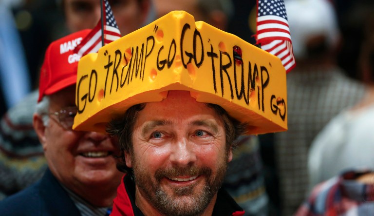 Charlie Wicka listens to Republican presidential candidate Donald Trump speaks during a campaign event, Monday, April 4, 2016, in La Crosse, Wis. 