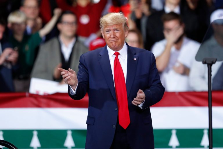 President Donald Trump arrives at a campaign rally in Battle Creek, Mich., Wednesday, Dec. 18, 2019. In a new Zogby Analytics survey, Trump is leading the top five Democratic challengers.