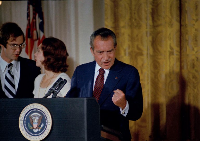 President Richard Nixon gives an emotional farewell address to his staff.