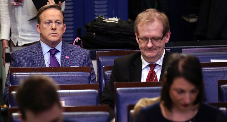 Sean Spicer returns to briefing room — as a journalist to quiz Trump