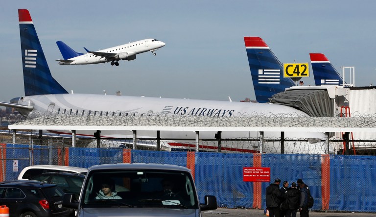 A plane takes off from LaGuardia Airport in New York.