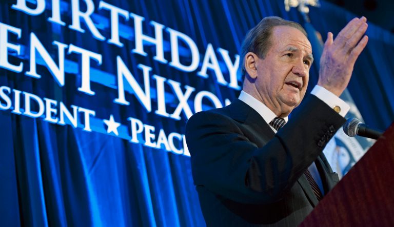 Pat Buchanan, former speech writer for President Richard Nixon, addresses the Richard Nixon Centennial Birthday Celebration in Washington, Wednesday, Jan. 9, 2013. 