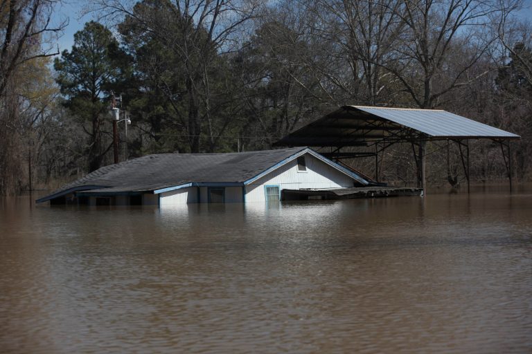A house on Chickasaw Lane seen surrounded by floodwaters in Vicksburg, Miss., Tuesday, March 13, 2018.