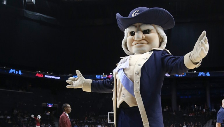 The George Washington mascot performs during the second half of an NCAA college basketball game against UMass in the quarterfinal round of the Atlantic 10 Conference tournament at the Barclays Center in New York, Friday, March 14, 2014. George Washington defeated UMass, 85-77.