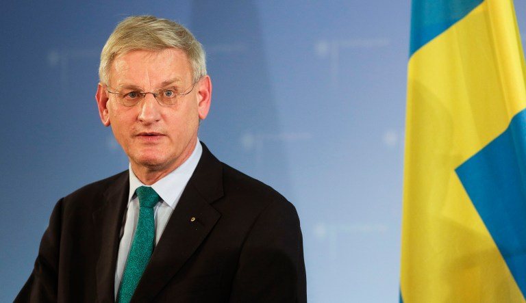 Carl Bildt of Sweden speaks to the media.