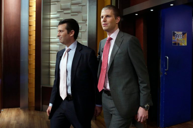 Donald Trump Jr., left, and Eric Trump arrive for an interview on the Fox News NetworkÂs morning show "Fox & Friends" television program, in New York Monday, Feb. 29, 2016. 