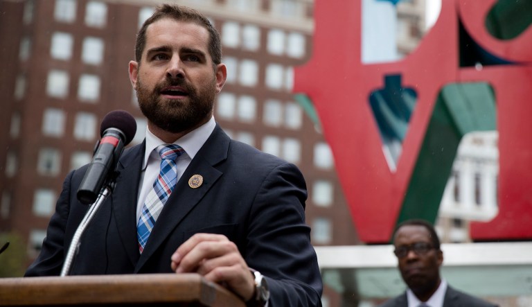 State Rep. Brian Sims, D-Philadelphia, accompanied by other officials, speaks at a protest calling on Pennsylvania to add sexual orientation to its hate crime law at John F. Kennedy Plaza, also known as Love Park, Thursday, Sept. 25, 2014, in Philadelphia.