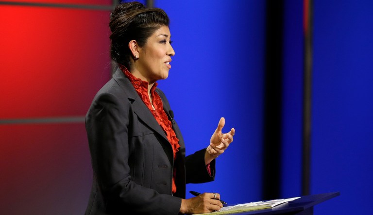 Nevada state Democratic Assemblywoman Lucy Flores speaks during a debate with Nevada state Republican Sen. Mark Hutchison Wednesday, Oct. 15, 2014, in Las Vegas. Flores and Hutchison are facing each other in a race for lieutenant governor of Nevada.