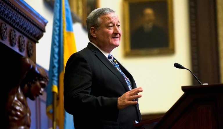 Mayor Jim Kenney speaks during a news conference at City Hall in Philadelphia.