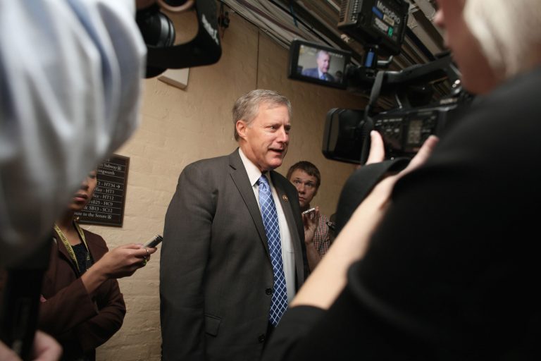 Rep. Mark Meadows, R-N.C. talks to reporters on Capitol Hill in Washington, Wednesday, Oct. 28, 2015, following a GOP conference meeting. The House is poised to vote on a bipartisan pact charting a two-year budget truce and Republicans are set to nominate Rep. Paul Ryan as the chamber's new speaker, milestones GOP leaders hope will transform their party's recent chaos into calm in time for next year's presidential and congressional campaigns.