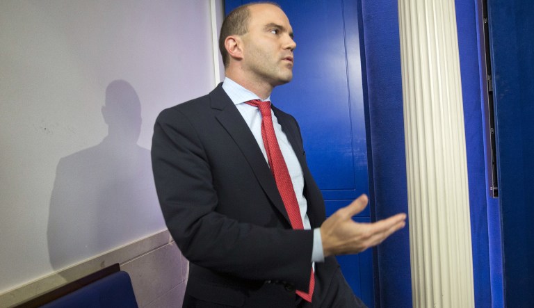 Deputy National Security Adviser Ben Rhodes talks following a television interview with CNN in the Brady Press Briefing Room of the White House in Washington, Tuesday, April 7, 2015.